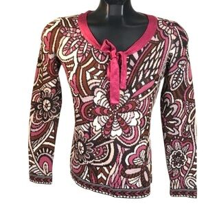 MISSONI Floral Print Knit Neck Tie Bow Sweater Top Wool Rayon Blend Rose Black S